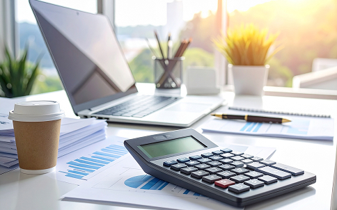 オフィスのデスクに置かれたノートパソコンと電卓と飲み物、会計関連の資料