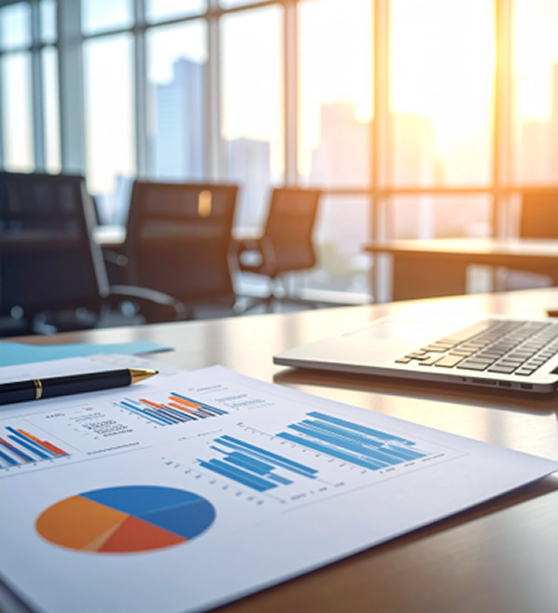 オフィスの机に決算や会計に関する資料を置いている